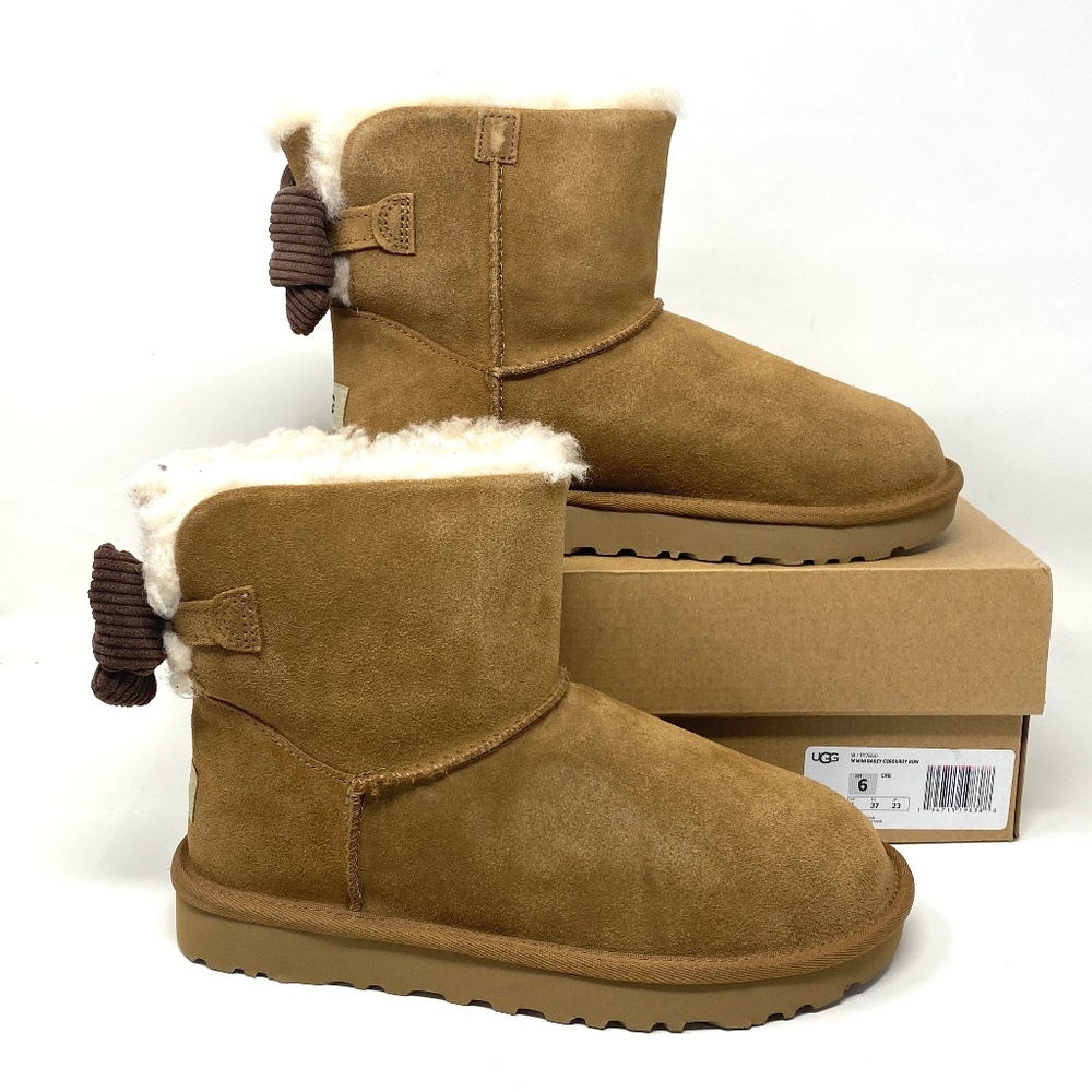 💖MEGA SALE💖UGG W Mini Bailey Corduroy Bow Women Brown Suede Boots 1117650CHE - Picture 2 of 9